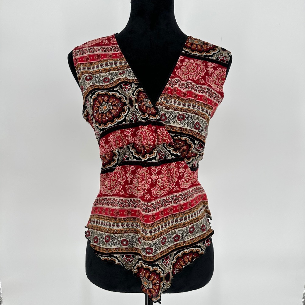 Y2K Fashion Bug Red & Black Paisley Mesh V Neck USA Size XL‎ Boho Asymmetrical